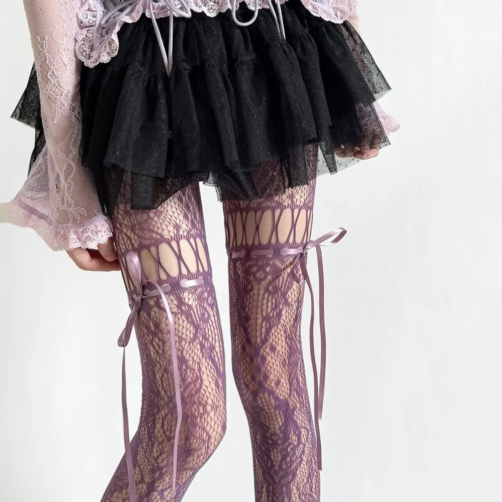 

JK Lace Bow Tie Stockings Sexy Hollow Out Flower Bottoms Socks Women Pantyhose Tights Night Club Cosplay