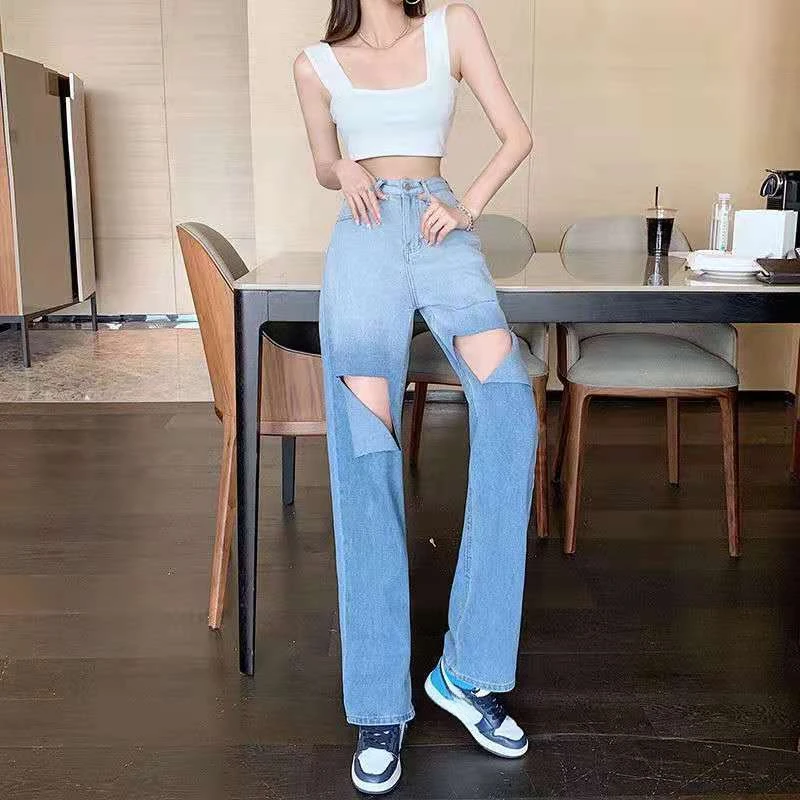 

2025 Korean Style Shiny Straight Leg Trousers Gradient Color High Waist Shot Female Cowboy Pants Loosefit Women's Ripped Jeans
