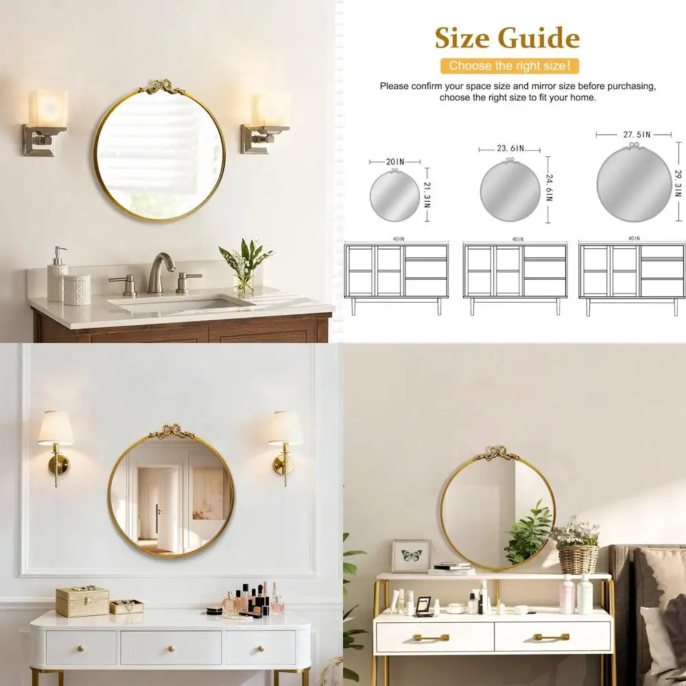 Antikgoldener runder Spiegel für Badezimmer-Waschtisch, dekorativer runder Wandspiegel mit verziertem Metall, geeignet für die Inneneinrichtung im Kleid