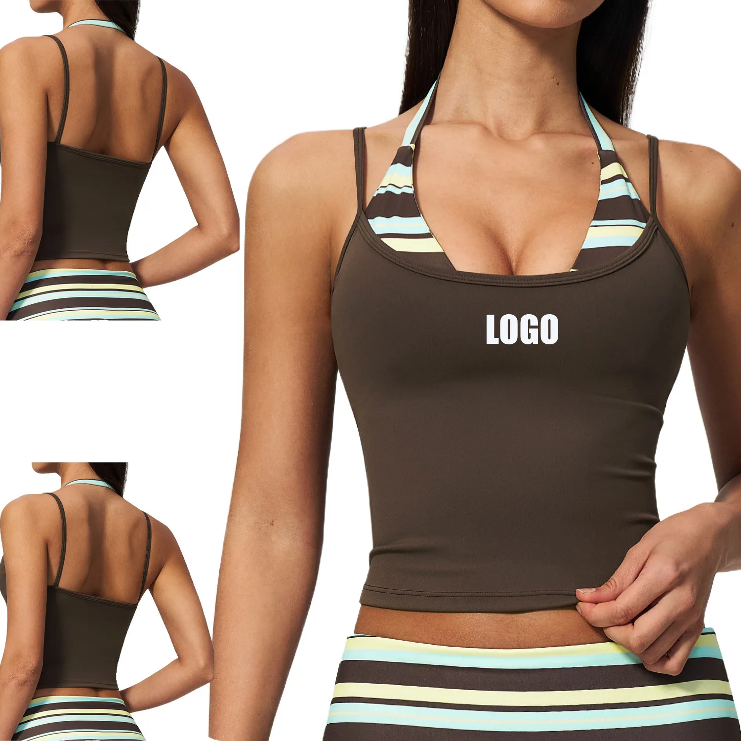 Custom LOGO women's new contrasting color polka dot sports neck double shoulder fake two waist shaping fitness yoga bra