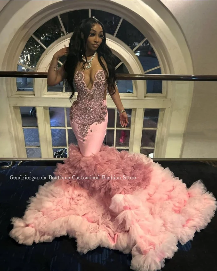 Pink Luxury Diamante Mermaid Prom Dress 2024 Sparkling Crystal Beaded Patchwork Black Girls Formal abti da cerimonia