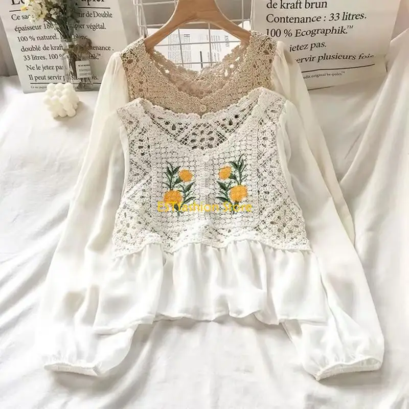 

Y5GC Women Puff Long Sleeve Blouse Square Neck Crochet Knit Floral Embroidery Splicing Shirts Ruffle Hem Peplum Top