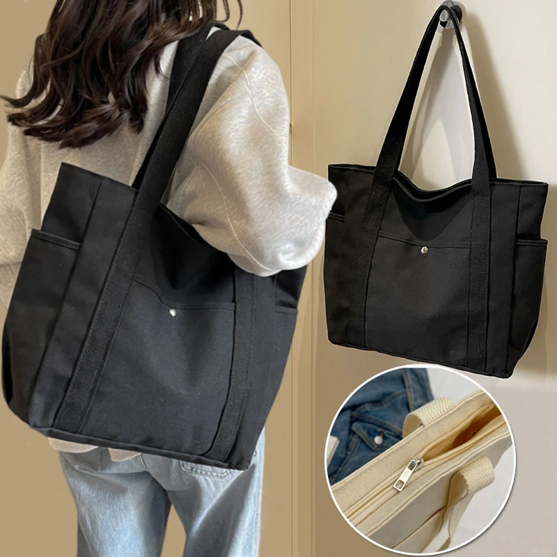 Large Capacity Canvas Solid Letter Tote Bag Versatile Handbag for Commuter Work Student Class Underarm Women's Bag Shopping Bag