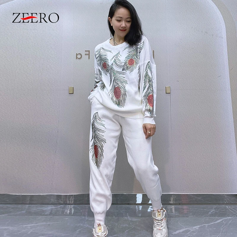 Autumn Feather Embroidery Shimmer Stretchy Knitted Set White Sweater Set Women Sweatshirts + Pants Tracksuit 2 Piece Set Outfits