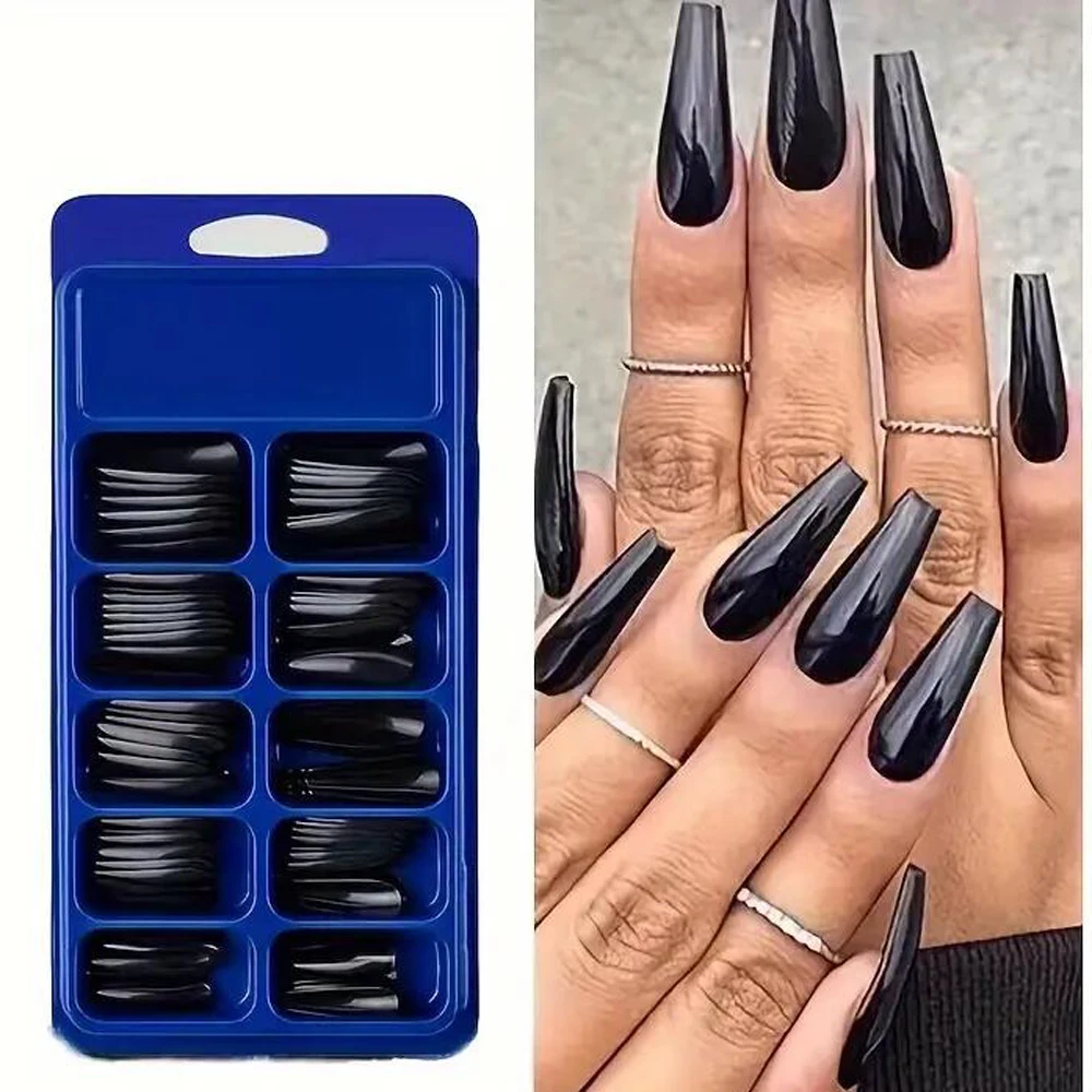 120 pçs preto ballet imprensa em dicas de unhas falsas cobertura completa longa bailarina unhas falsas cor sólida extensão de unhas artificiais