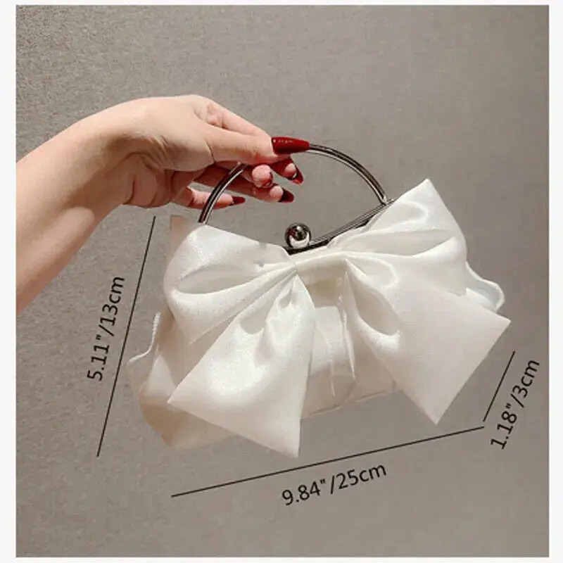 White Satin Bow Fairy Evening Bags Clutch Metal Handle Handbags for Women Wedding Party Bridal Clutches Purse Chain Shoulder Bag