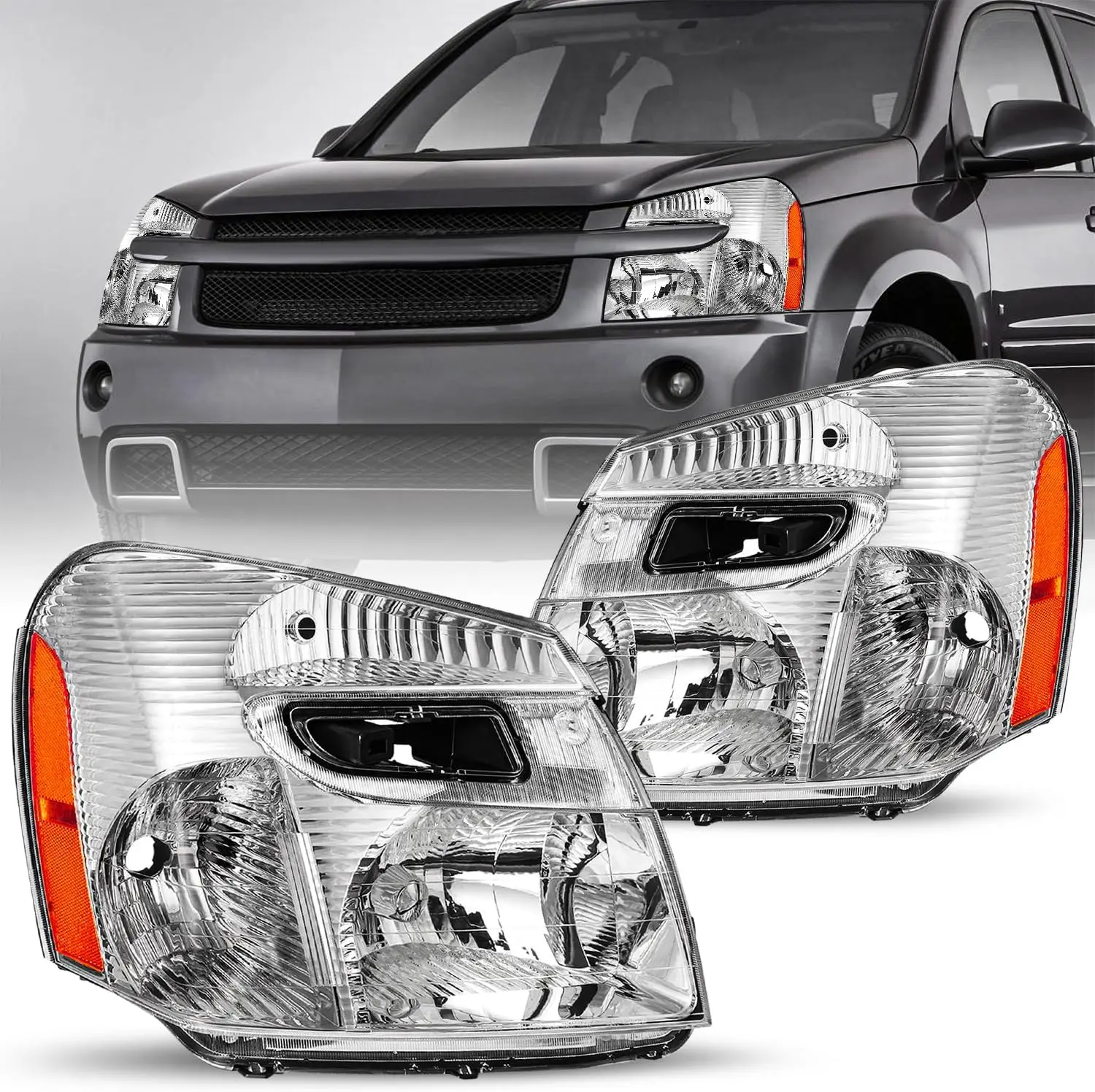 

Headlight Assembly Fit for 2005-2009 Chevy Equinox Driver and Passenger Side, Chorme Housing with Amber Reflector