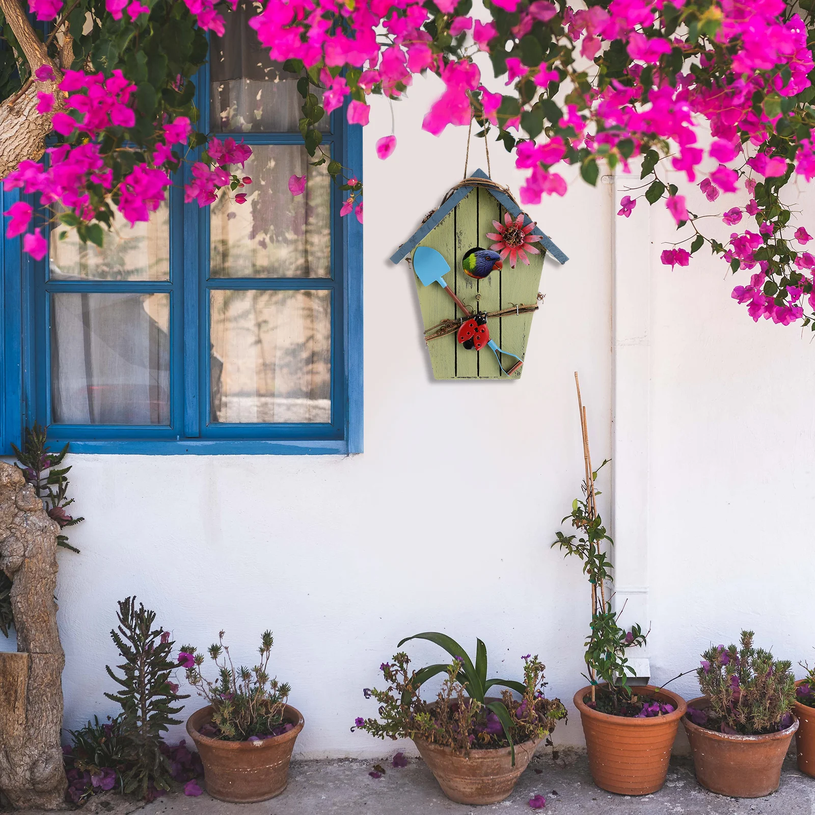 

Hanging Bird Nest Wooden Bird House Blue Roof Creative Design Art Crafts Durable Shelter Comfortable Material Garden Decor