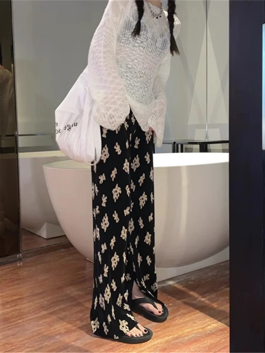 Schattige beer hoge taille wijde pijpen broek dames zomer 2024 nieuwe luie Sle casual broek Koreaanse versie lange broek