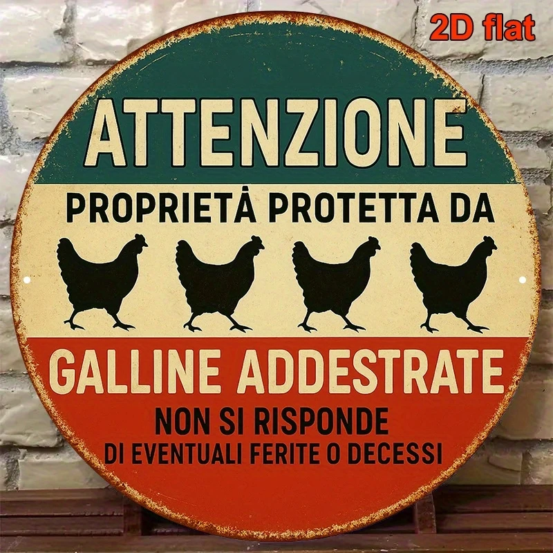 2D Italian Wooden Round Plate Retro Decorative Sign Caution Well-Trained Chickens Rural Farm Decorative Kitchenware Gadget