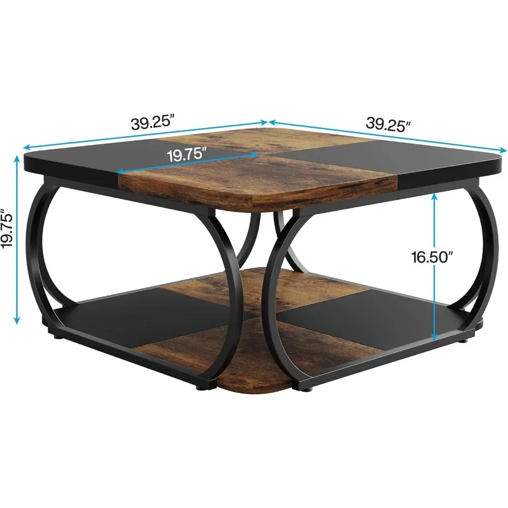 

40 Inch Low Farmhouse Square Coffee Table with 2 Tiers: Wood Storage Shelf & Heavy Duty Metal Curved Frame