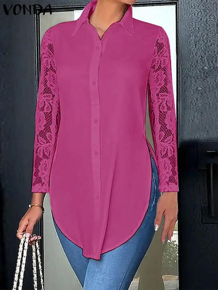 VONDA-Camisa de manga larga de encaje para mujer, blusa asimétrica elegante para oficina, informal, con solapa, color liso, para otoño, 2023