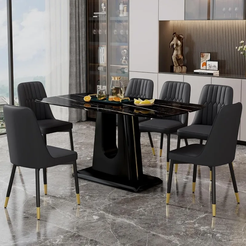 

63'' Dining Table Chairs Set of 6,Black Faux Marble Dining Tabletop with MDF Table Legs and 6 Chairs,for Kitchen and Living Room