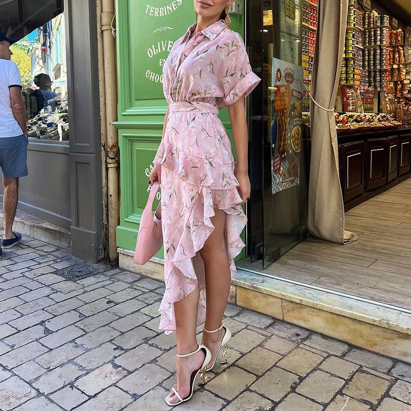 

Women Fashion Button Irregular Party Dress Elegant Flower Print Lapel Ruffle Shirt Dress Casual Short Sleeve Slim Hem Long Dress
