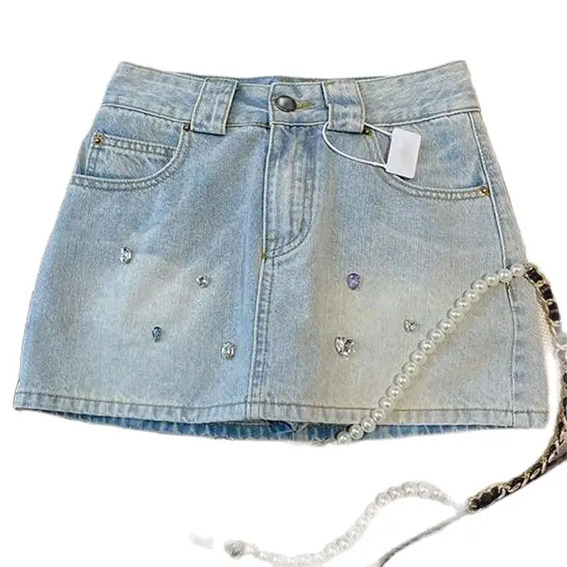 

Cowboy Midi Skirt, For Women, Summer Denim Short Skirt Pants, Girls,High Waistband diamond A-line Shorts Skirt,2024 New