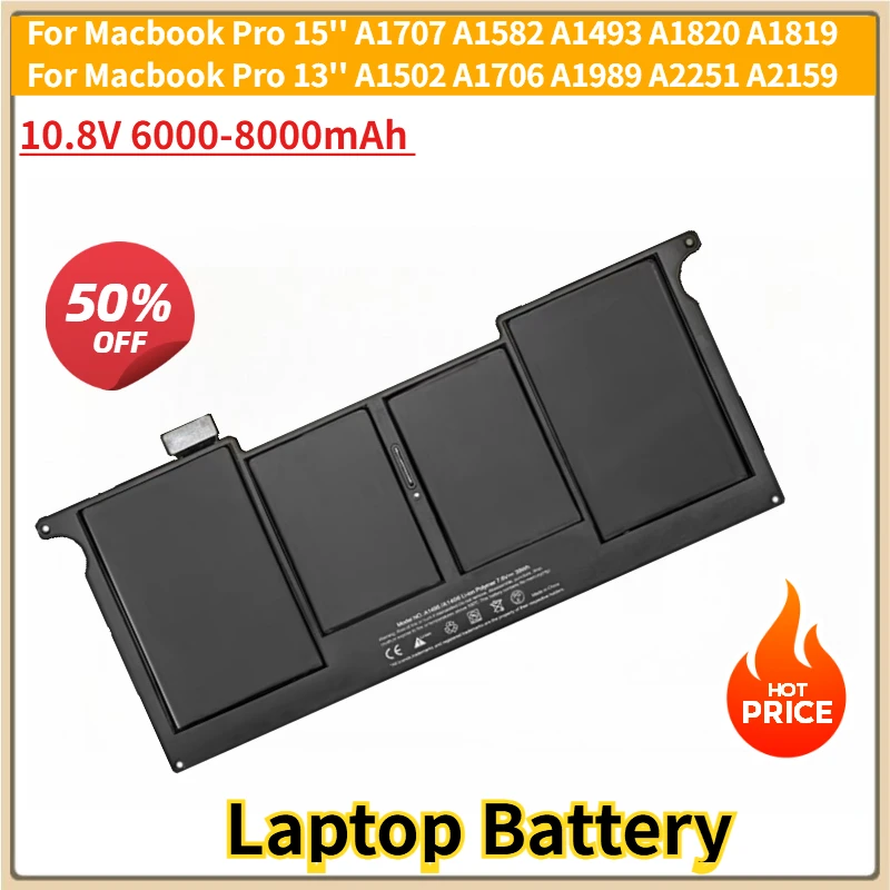 

New Replacement Laptop Battery 10.8V 6000-8000mAh for Macbook Pro 15'' A1707 A1582 A1493 A1820 13'' A1502 A1706 A1989 A2251