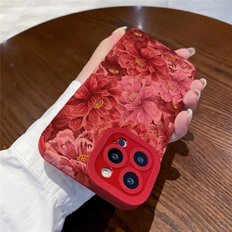 Ottwn Luxury Red Flowers Pattern Phone Case For iPhone 13 12 11 Pro Max XR XS 15 14 Plus Lens Protection Soft Bumper Back Covers