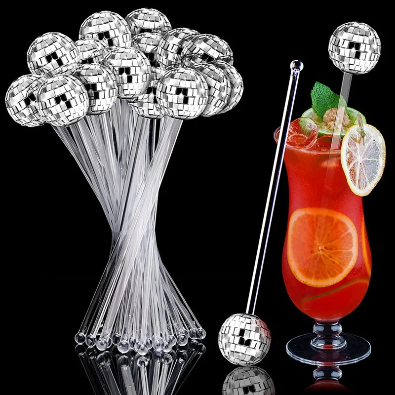 24 Pcs Disco Balls Cocktail Stirrers Plastic Round Top Swizzle Sticks Cake Mirror Ball Coffee Beverage Stirrers