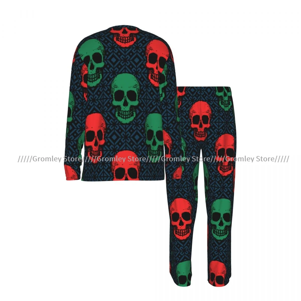 Colorful Skulls Illustration Men's Pajama Set Long Sleeve T-Shirt and Long Pants Sleepwear Male Nightwear Home Suit