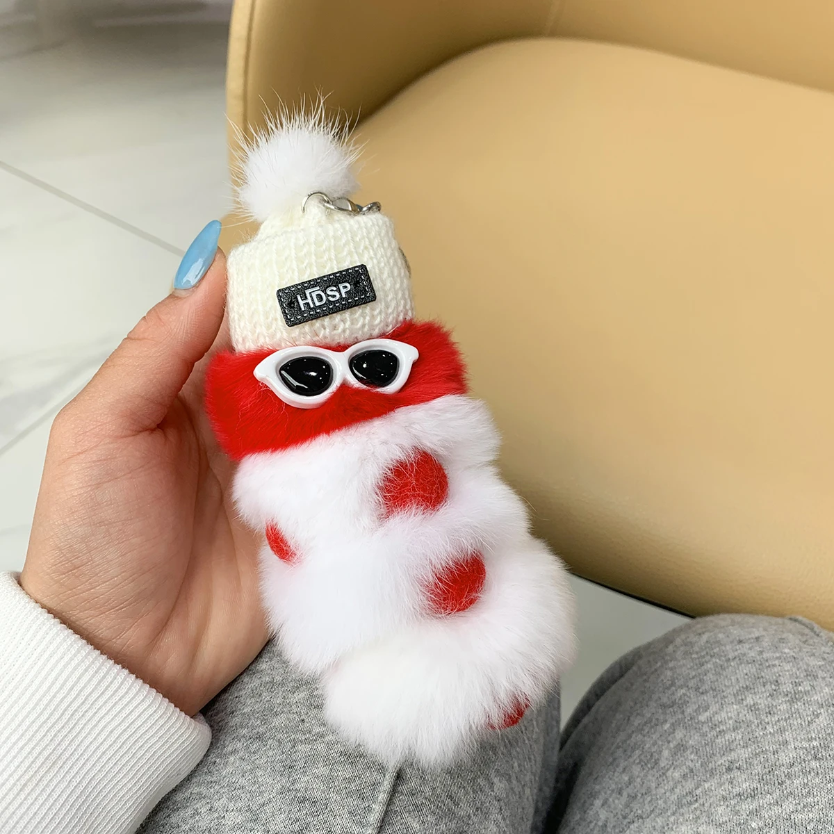 Cute Colorful Plush Caterpillars Keychain With Sunglasses Soft Rabbit Fur Animal Pompom Pendant With Key Rings For Women Handbag