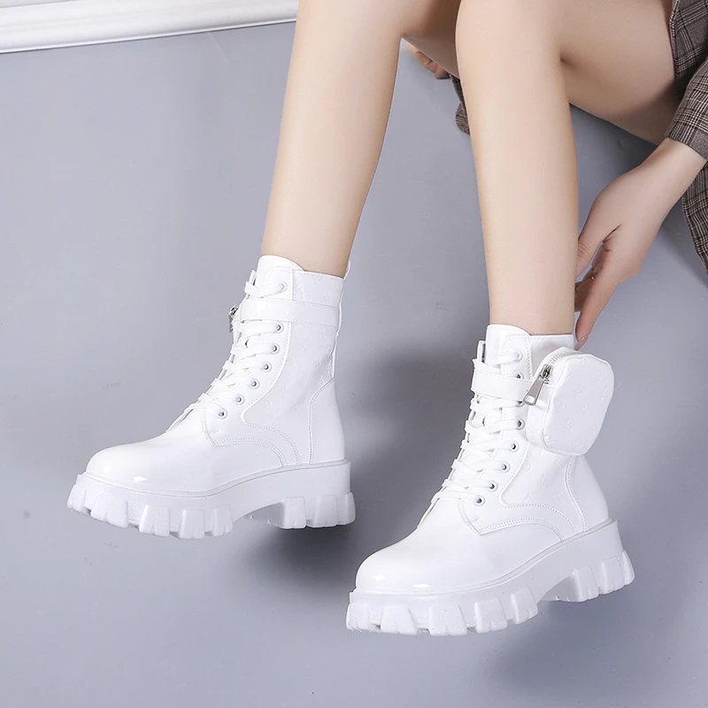 New Women Motorcycle Ankle Boots Wedges Lace Up Short Boots Platform Shoes of Women Pocket Bare Boots 2022 Women\'s Boots Mujer