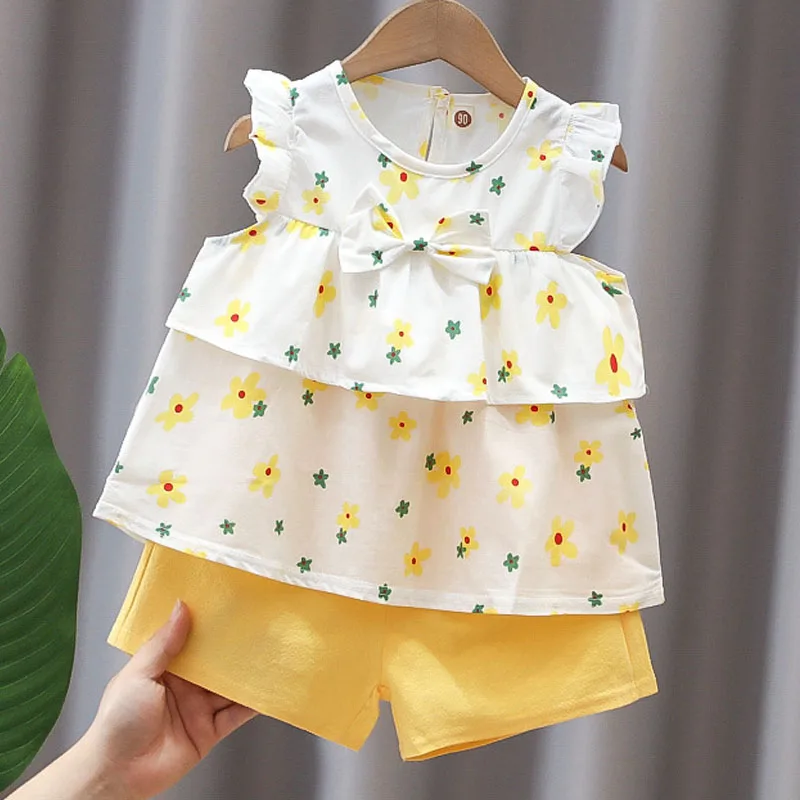 Summer Baby Girl Clothes Two Piece Ruffle Sleeveless T-shirt Pant 2Pcs Set Cute Bow Blouse Children Outfit Kid Toddler Suit A525