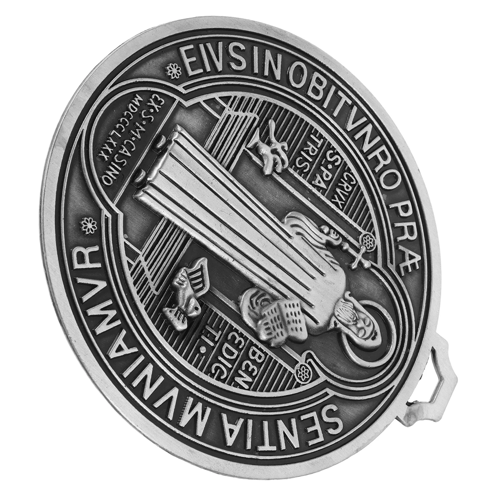 

Saint Benedict Medal Pendant Hanging Crucifix Wall Art Spiritual Home Decor Metal Saint Amulet for Bedroom Living Room Shrine