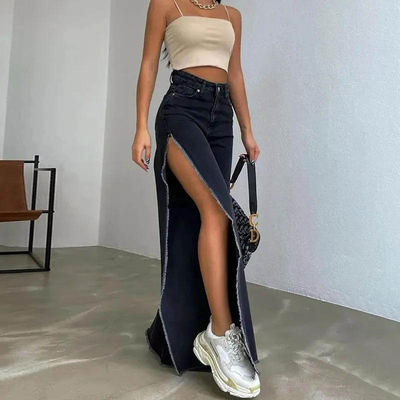 2000S Personality Street High Waisted Split Straight Wide Leg Denim Pants Trendy Fashionable Harajuku Spicy Girl Casual Trousers