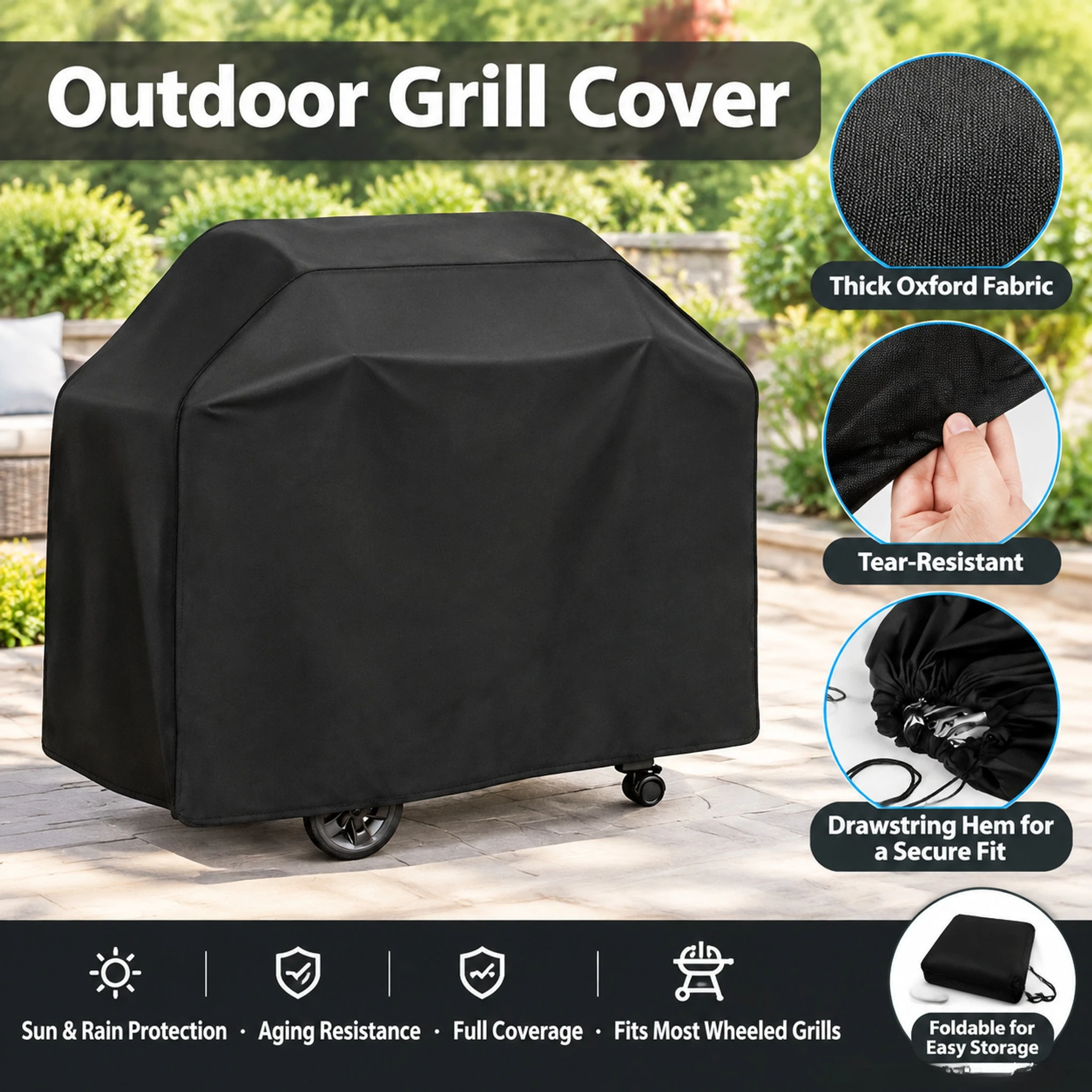 Gas Grill Cover Waterproof UV Resistant Black Thick Oxford Barbecue Cart Protector Drawstring Hem Windproof Fits Most Wheeled Pa