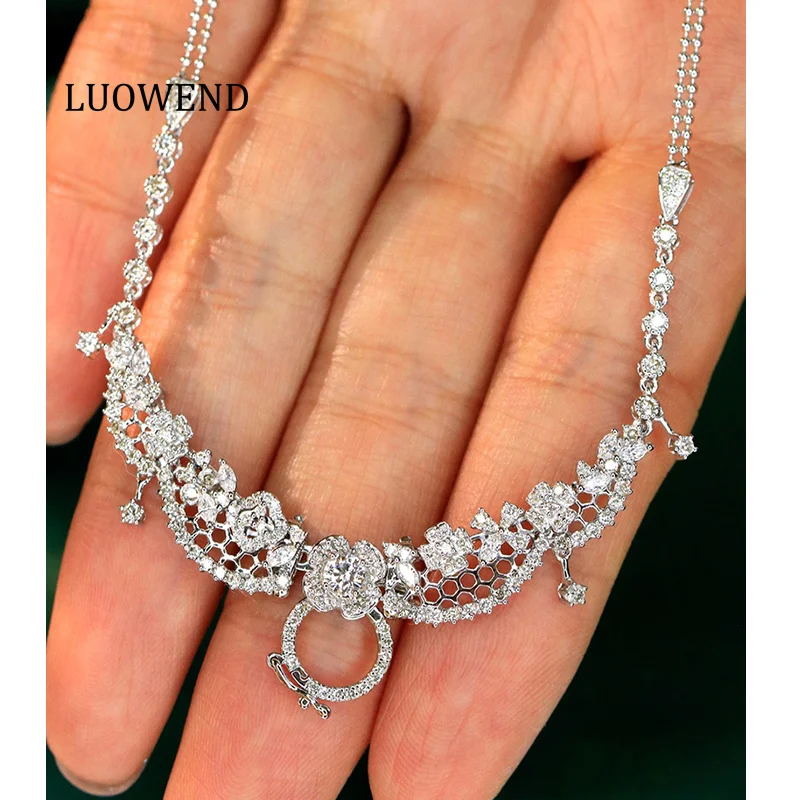 LUOWEND 100% 18K White Gold Necklace Romantic Lace Style 1.80carat Real Natural Diamond Pendant Necklace for Women Fine Jewelry