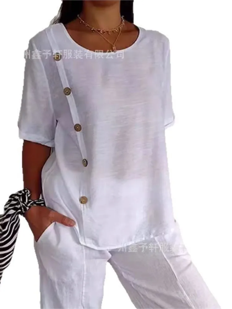 

Women's Tops Cotton Linen Fashionable Round Neck Button Short-sleeved Office Casual Commuting Formal Wear Vacation Beach Shirt