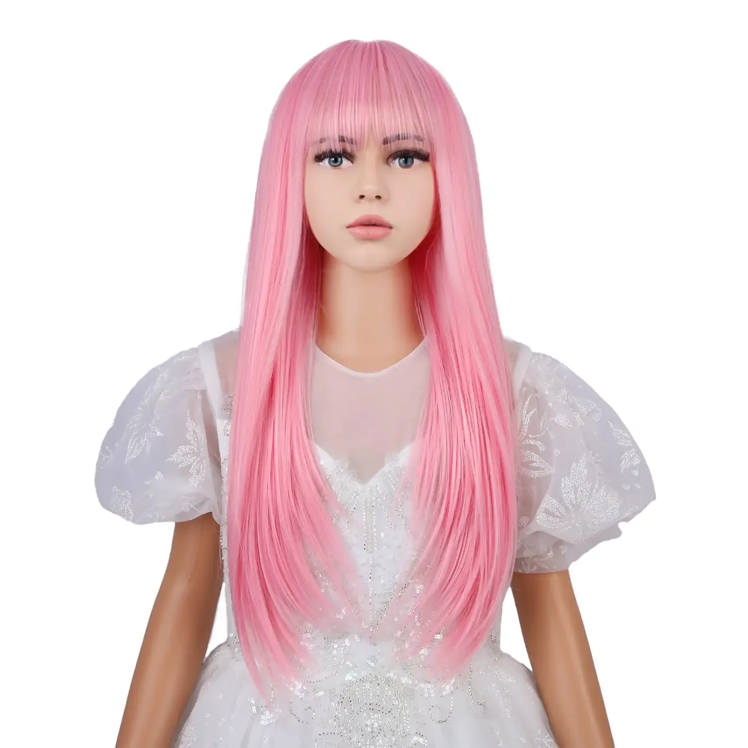 Light Pink Synthetic Wig Children Girls Natural Long Straight Bangs Hair Women Heat Resistant Daily Cosplay Full Headgear