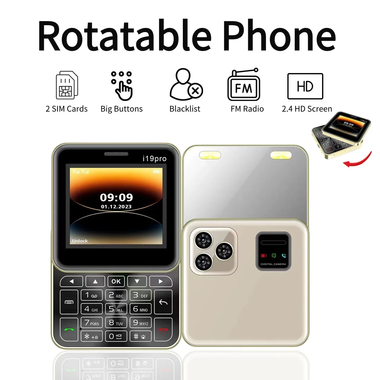 New Rotatable Cute Mini Slider Mobile Phone Push Button Dual SIM Two Torch Whatsapp Magic Voice Blacklist Square Small Ebook
