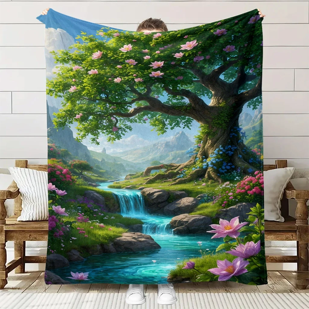 1pc Skin-Friendly Mountain Stream with Flowers and Trees Themed Flannel Blanket, High-Definition Digital Print, for Sofa and Bed