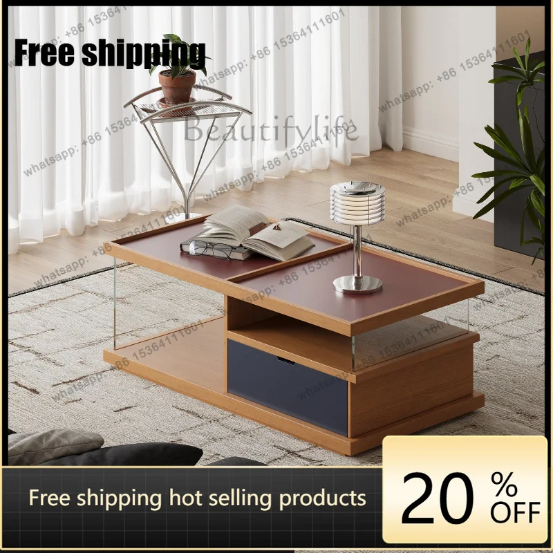 LD solid wood retro colored glass multi-grid coffee table household tea table light luxury storage cabinet
