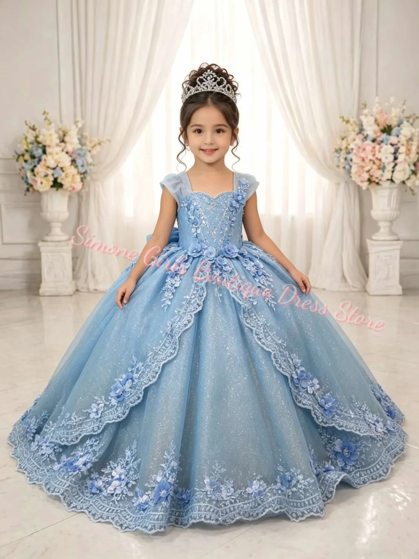 Quality Blue Lace Appliques Flower Girl Dresses for Wedding with Train Bow Floor Length Birthday Party First Communion Gowns