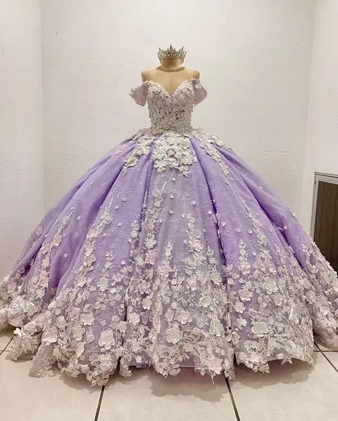 

Lilac Lavender Princess Quinceanera Dresses Customised Off Shoulder Cathedral Train Applique Floral Lace-up Coset Prom vestido