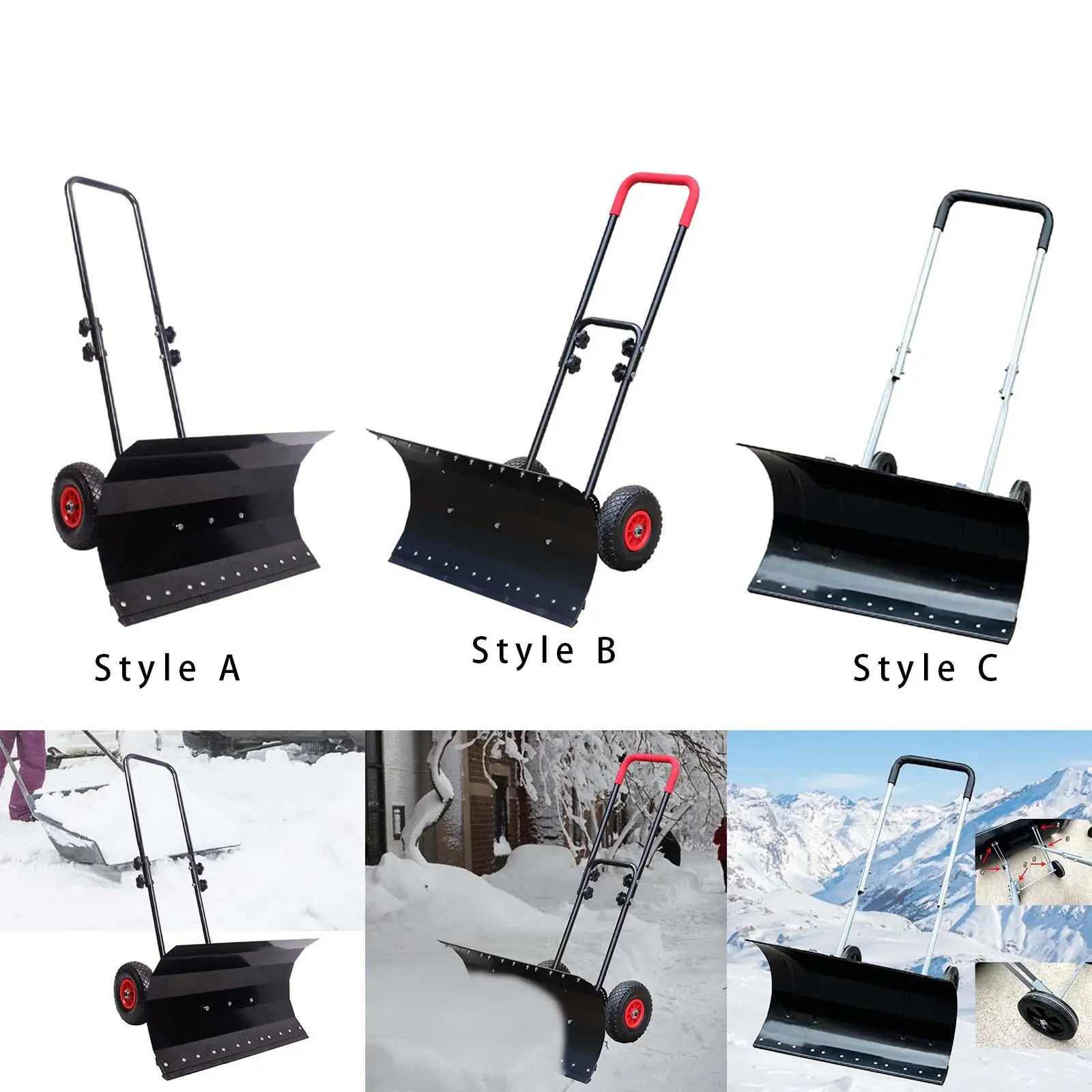 Snow Shovel with Wheels Manual Sturdy Snow Pusher for Winter Garden Sidewalk