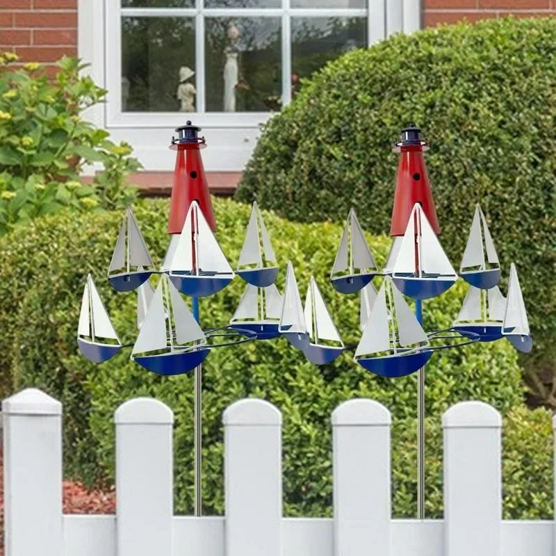 

A Kinetic Art Wind Sculpture Sailboat Windmill Nautical Fun Exterior Garden Decoration Stakes Metal Iron Patio Yard Wind Spinner