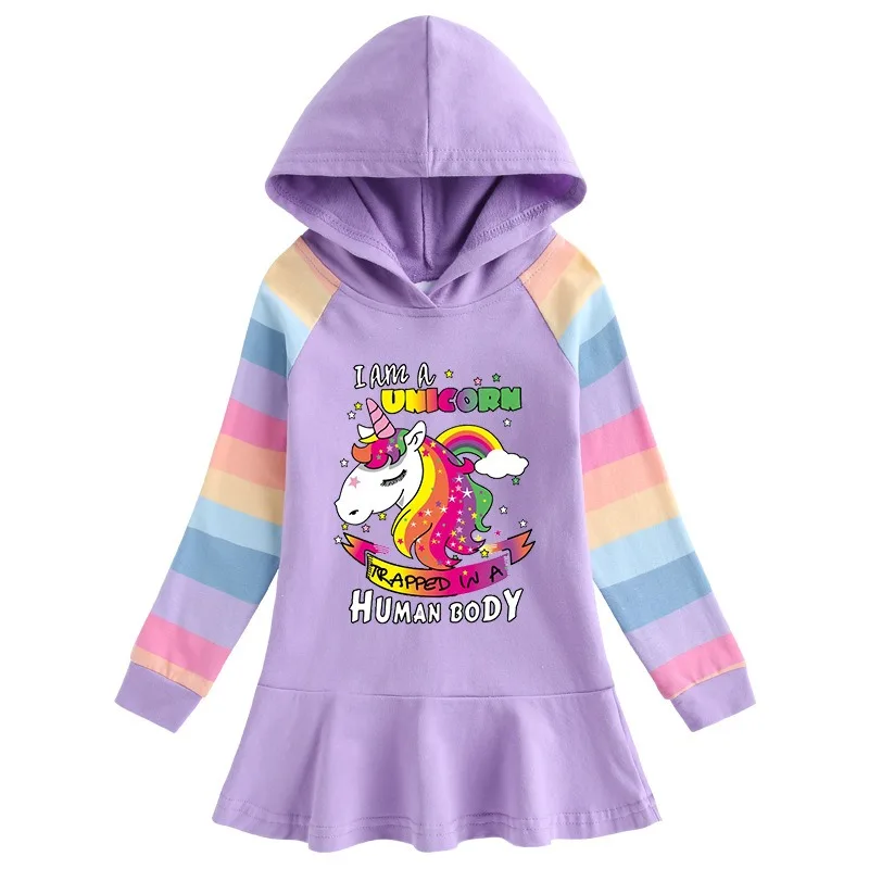 Girls Dress Unicorn Princess Cotton Autumn Kids Dresses for Children Birthday Party Clothes Costume Hooded Rainbow Fashion 2-8T