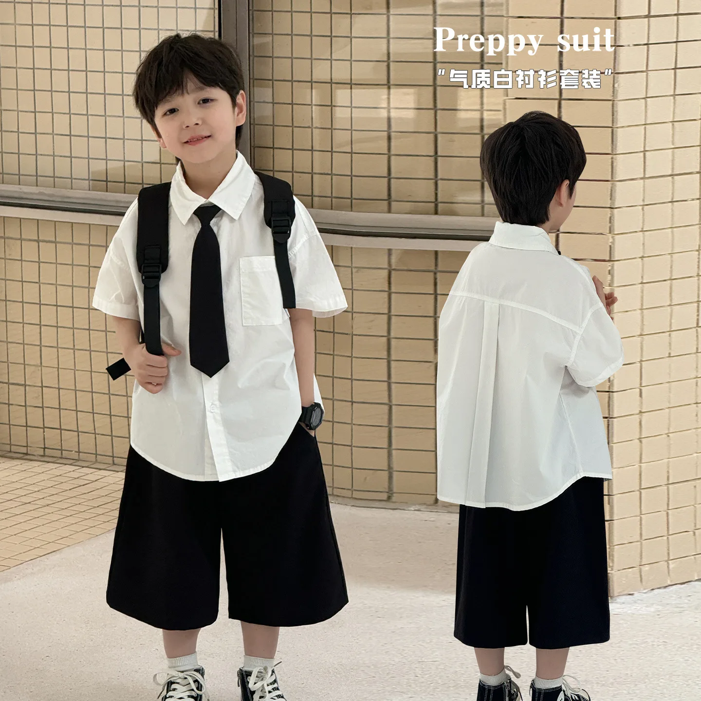 

2025 г., весенне-летняя новая корейская версия детской рубашки из двух предметов с короткими рукавами и завязками с лацканами, комплект Tide