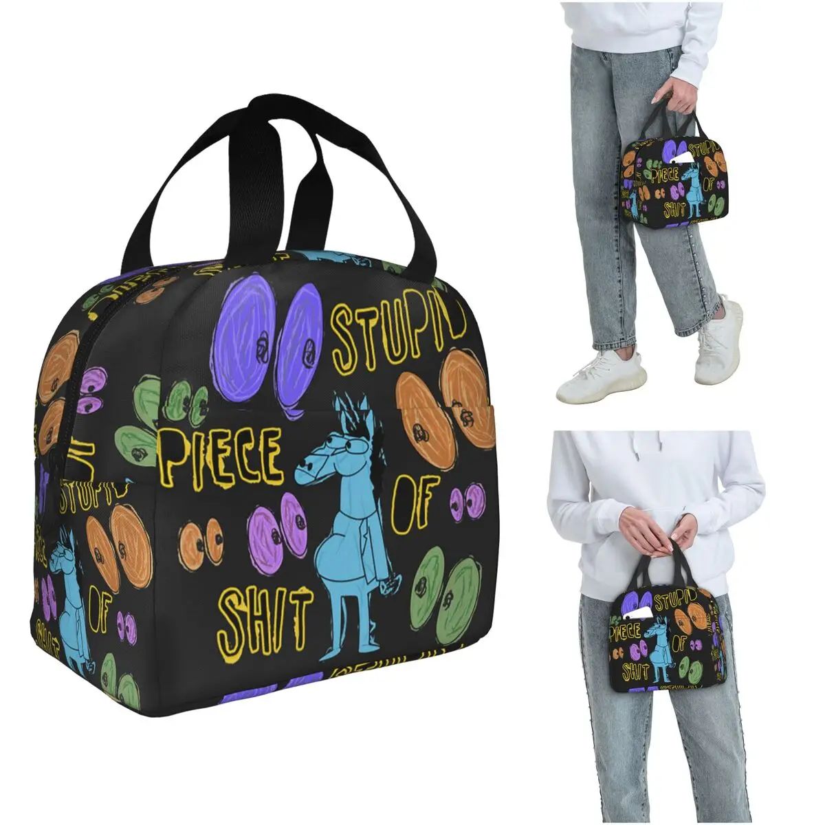 

Cartoon Bojack Horseman Stupid Piece Of Shit Insulated Lunch Bag for Women Kids Portable Food Boxes Thermal Lunch Box Tote