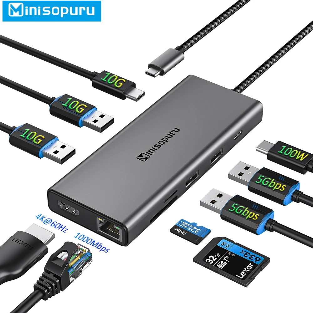 

Minisopuru usb-хаб C концентратор 4K HDMI адаптер PD 100W Fast Charge USB C к USB 3,2 RJ45 SD/TF док-станция для MacBook Pro, Air Surface XPS iPad Pro Аксессуары USB-C Тип C 3,0 Разветвитель USB C концентратор