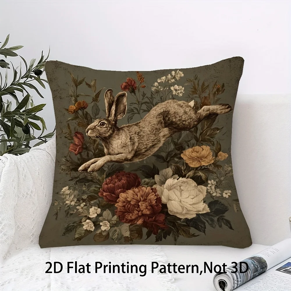 1 Stück Vintage Kissenbezug mit springendem Hirsch und Pfingstrose, Polyester 2D Doppelseitiger Druck, Rustikale Blumen-Kaninchen-Kunst, Cottagecore Wohndekor