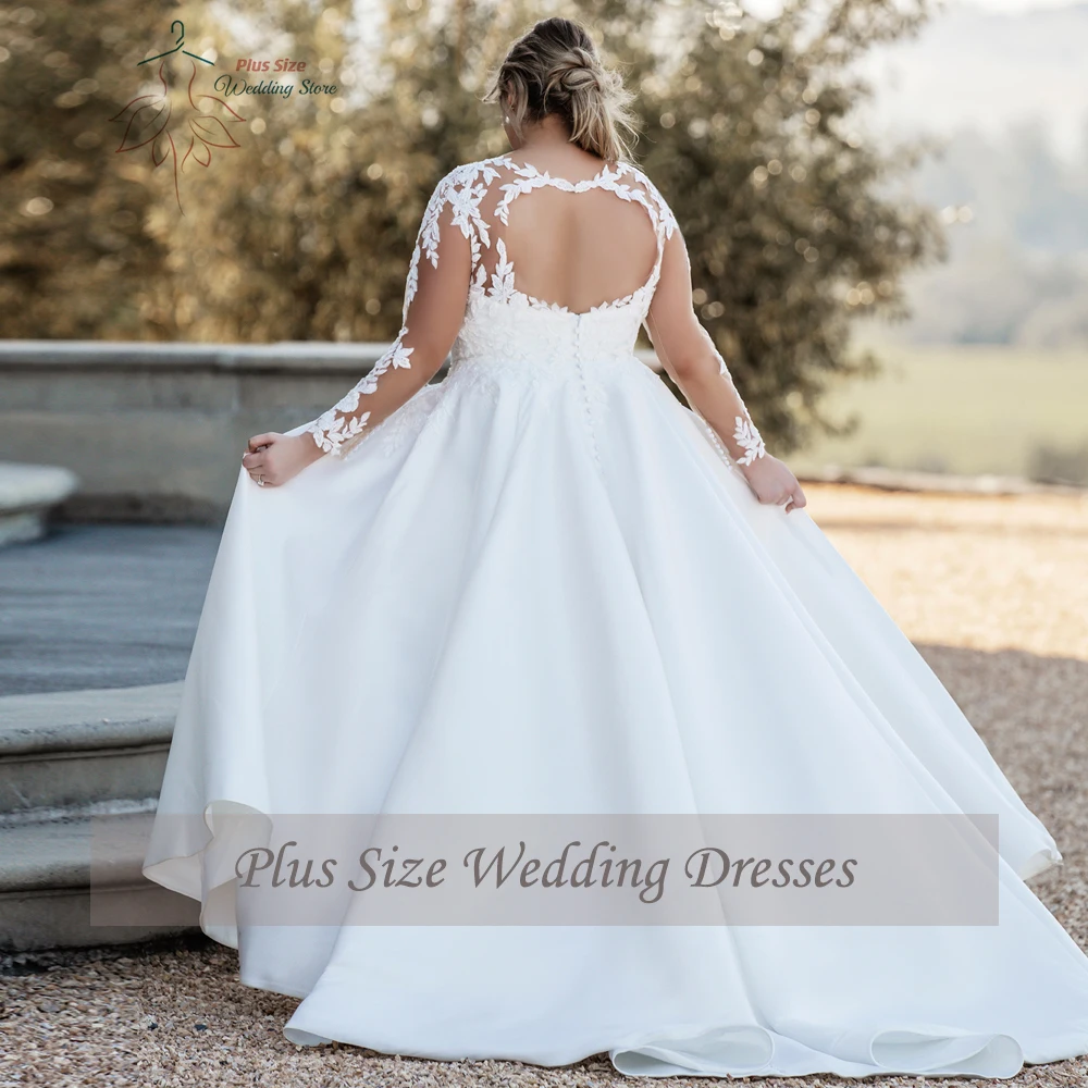 Robe de Mariée Trapèze en Satin, Classique, Grande Taille, Col en V, Manches sulf, avec lèvent au Dos, Longueur au Sol