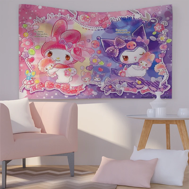 

Sanrio Tapestry Kuromi Melody Student Dormitory Room Wall Hanging Cute Cartoon Tapestry for Girls Kids Women Birthday Gifts