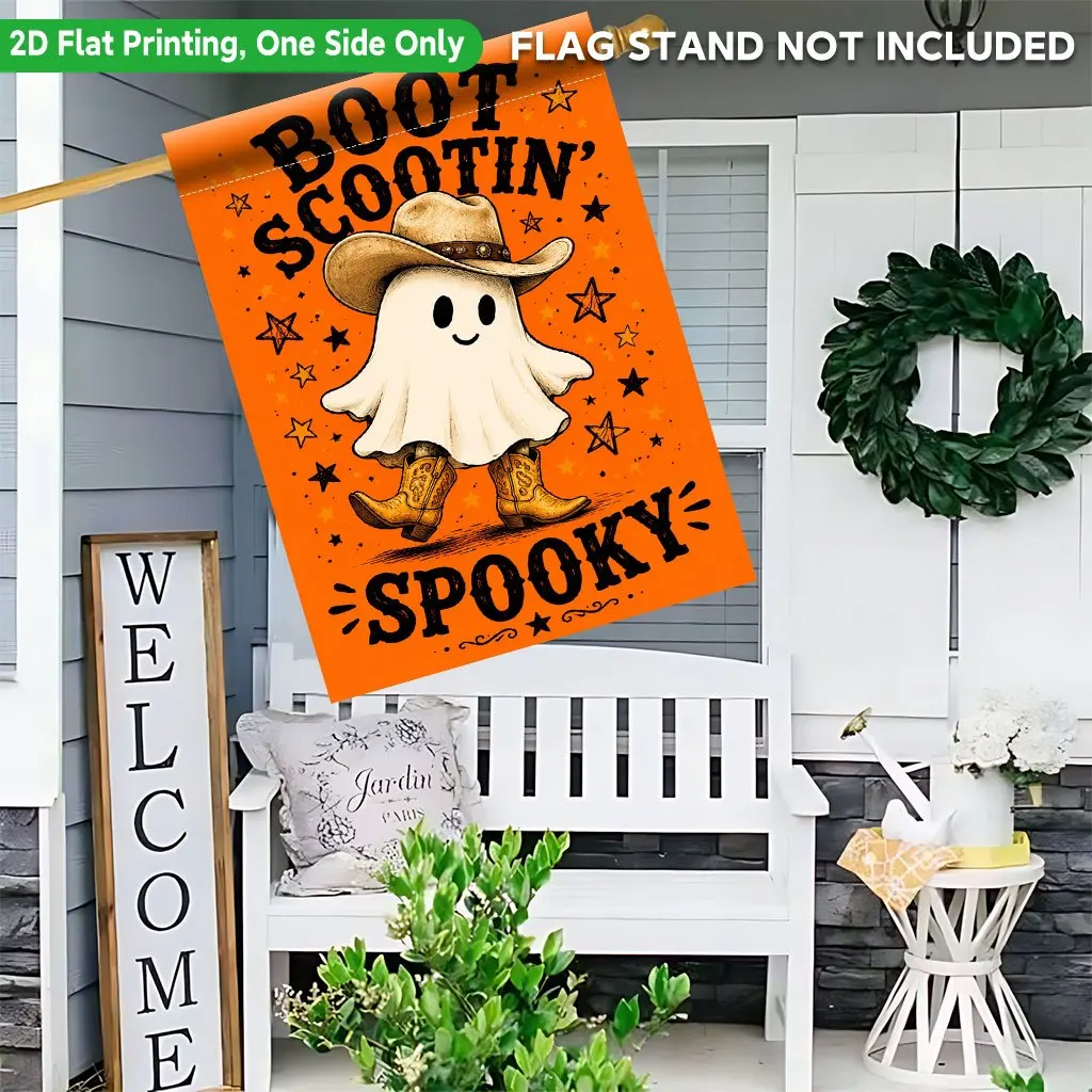 2D Flat - 2D Flat Printing Garden Flag 1pc, Adorable Ghost with Cowboy Hat Single-Sided Printed Garden Flag, Suitable for Party Outdoor Indoor Home Decor Garden Flag, for party Decoration Supplies, for Lawn, Garden Decor, Flagpole Not Included view 3