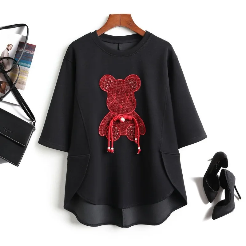 Young Fashion Casual Cotton Cartoon Bear with Pearl Summer T-shirt Women 2025 New Loose Plus Size Crewneck Top