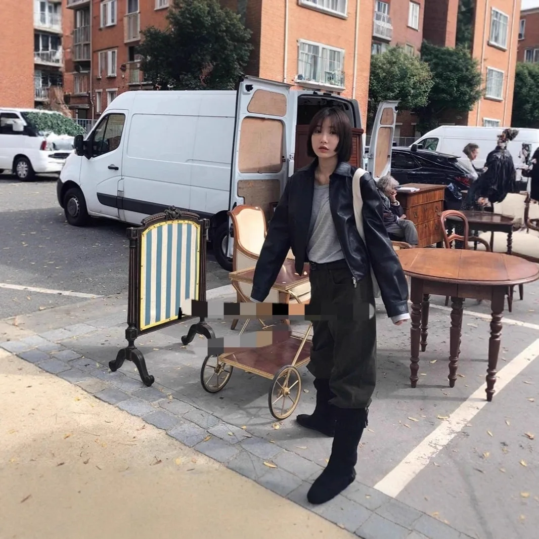 

Howus Ретро двойная молния или Jaet корейское женское простое высококачественное винтажное кожаное пальто с лацканами