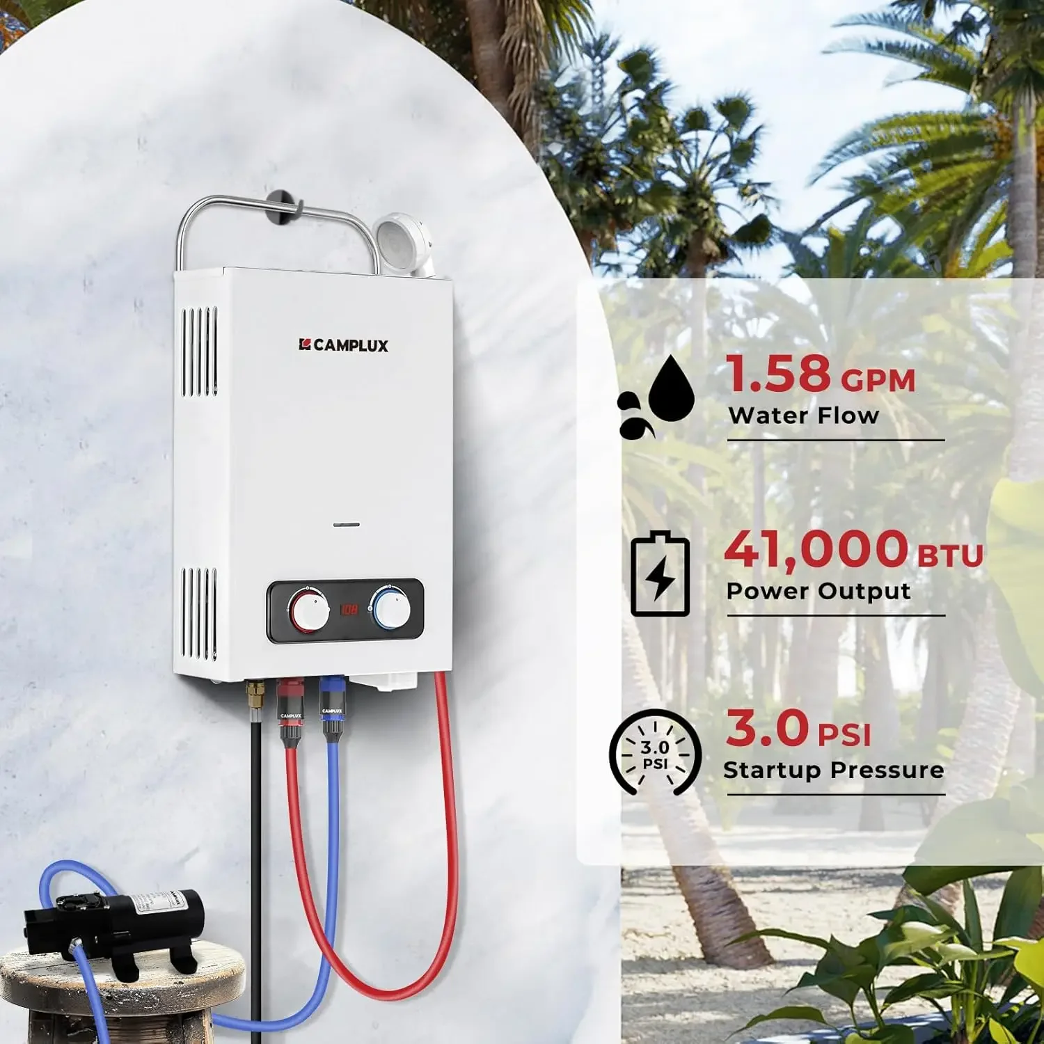 1.58 GPM Portable Tankless Water Heater with Water Pump Kit, Propane Water Heater Outdoor with 1.2 GPM Pump, 41,000 BTU,